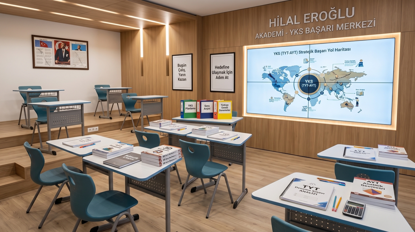 Hilal Eroğlu Akademi YKS Başarı Merkezi'nde, öğrencilerin YKS (TYT-AYT) sınavlarına stratejik başarı yol haritası eşliğinde hazırlandığı, ahşap