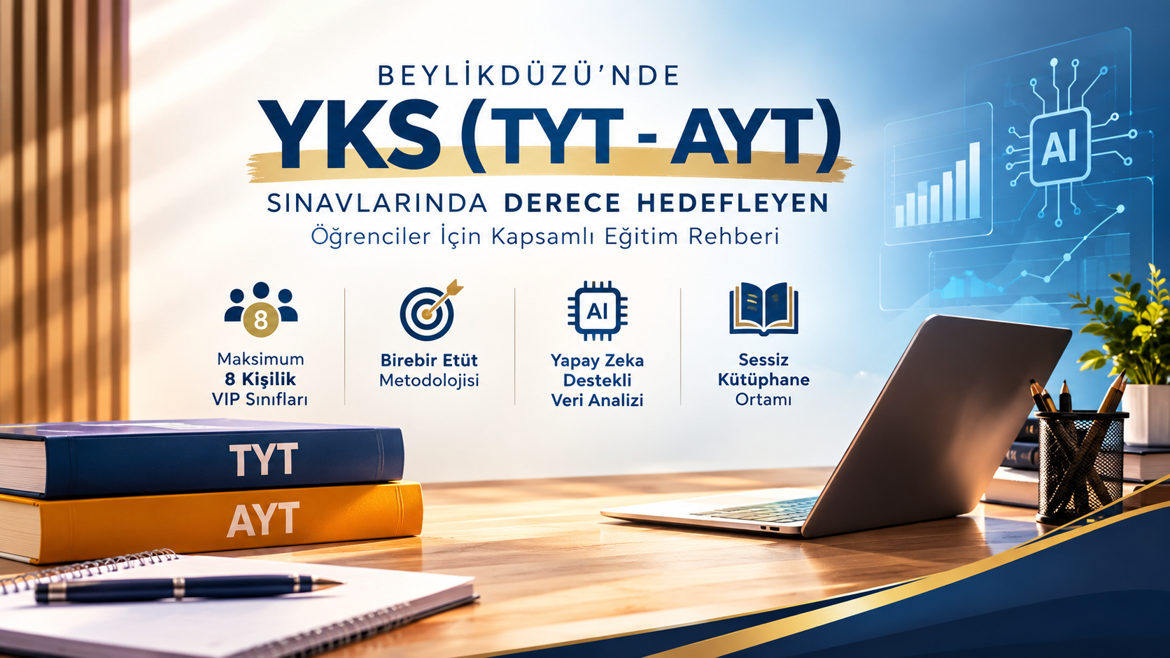 Beylikdüzü YKS TYT AYT hazırlık programı, VIP sınıflar, birebir etüt, yapay zeka destekli veri analizi ve sessiz kütüphane eğitimi